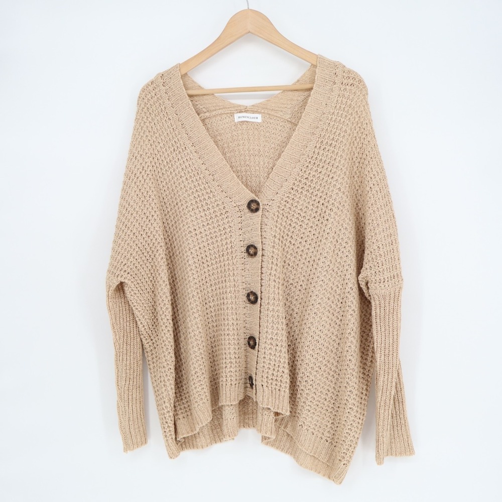 Honeycloth Cardigan Sweater Womens M/L Beige Waffle Knit Drop Shoulder V-Neck